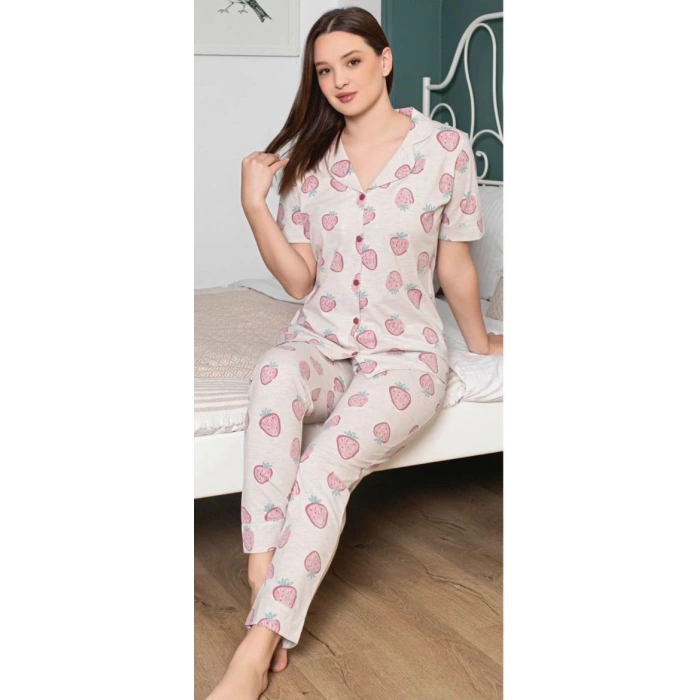 Alissa 6251 Kadın Çilek Desenli Patlı Pijama Takımı