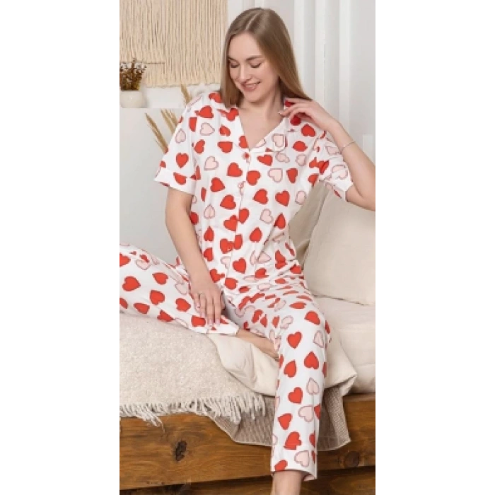Alissa 6295 Kadın Kalp Desenli Patlı Pijama Takımı