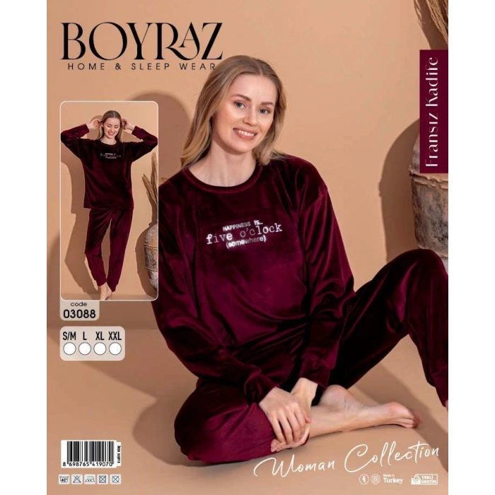 Boyraz 03088 Fransız Kadife Kumaş Uzun Kol Pijama Takımı