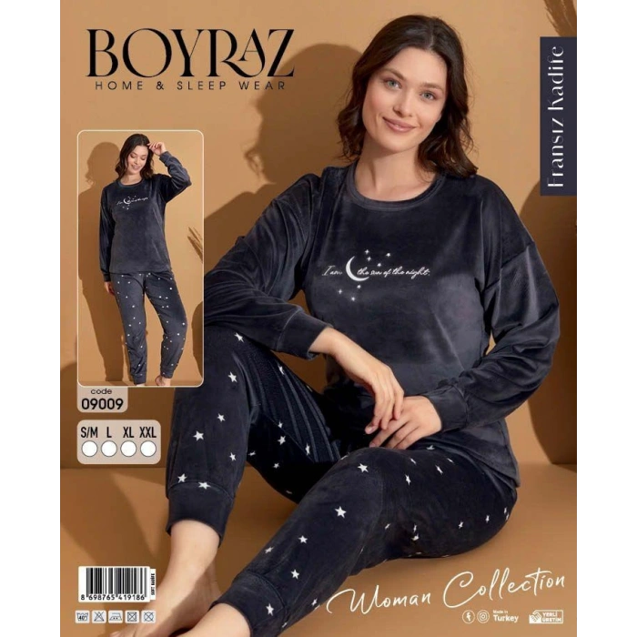 Boyraz 09009 Fransız Kadife Kumaş Uzun Kol Pijama Takımı