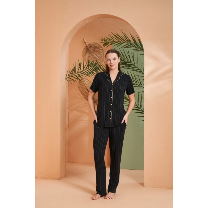 Pjs 27042 Kadın Kısa Kol Çizgili Önü Düğmeli Pijama Takımı
