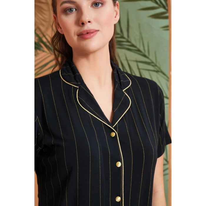 Pjs 27042 Kadın Kısa Kol Çizgili Önü Düğmeli Pijama Takımı