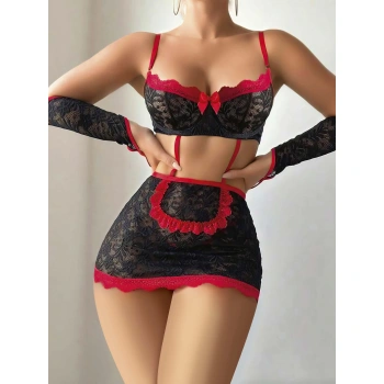 5 Parça Kırmızı Siyah Dantel Çiçek Desen Hizmetçi Model Özel Fantazi Tanga Hediyeli 3815