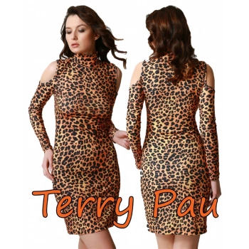 B101193 Leopar Desenli Omuz Açık Elbise