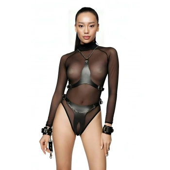 Bayan Fantazi İç Giyim, Zincirli - Kelepçeli Deri Harness Takım - Brf1232