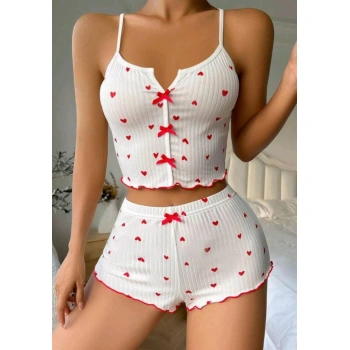 Beyaz Fiyonk Desenli Kalpli Askılı Şortlu Pijama Takım