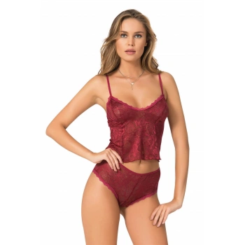 Bordo Jakarlı Babydoll Şort Takımı