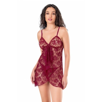 Bordo Kısa Tül Gecelik