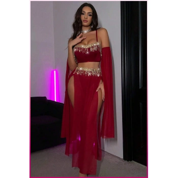 Bordo Pul Aksesuarlı Tül Etekli Kadın Seksi Gecelik