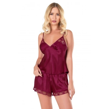 Bordo Saten Babydoll Şort Takımı