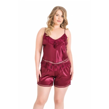 Büyük Beden Bordo Saten Babydoll Şort Takımı