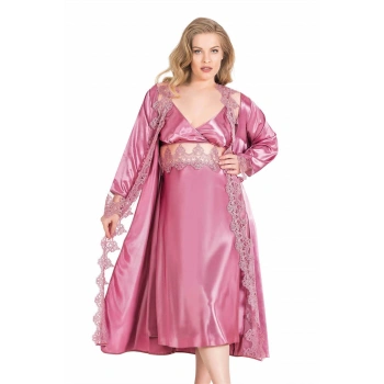 Büyük Beden Gül Kurusu Uzun İkili Saten Sabahlık Gecelik Takımı