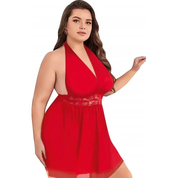 Büyük Beden Kırmızı Dantel İşlemeli Boyundan Bağlamalı Fantezi Tül Gecelik