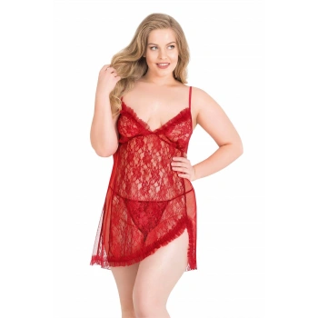 Büyük Beden Kırmızı Kısa Tül Gecelik