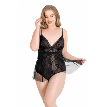 Büyük Beden Siyah Bodysuit Jakarlı Gecelik