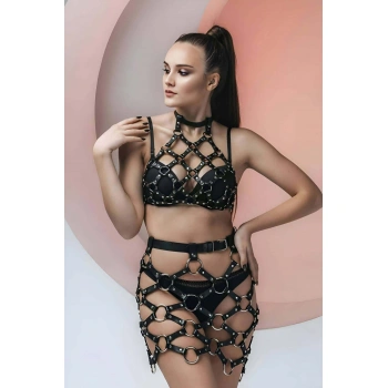 Çapraz Bağlı Crop Ve Etek Deri Fantazi Takım - Brf1289
