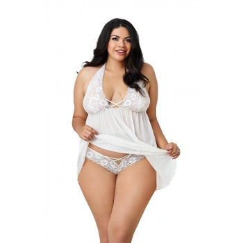 Dantelli Beyaz Büyük Beden Gecelik Brf1273