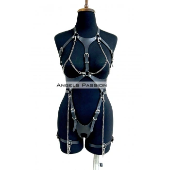 Deri Body Harness, Zincir Ve Kelepçeli Fantezi İç Giyim - Brf1098