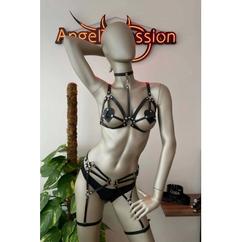 Deri Jartiyer Siyah Harness Takım - Brf451