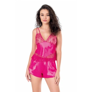 Fuşya Saten Babydoll Şort Takımı