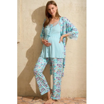 İp Askılı V Yaka Kadın Çiçek Desenli Yazlık Dantel Detaylı Hamile Pijama Takımı Sabahlık