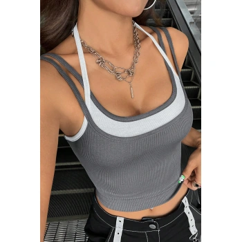 Kadın Antrasit Gri Beyaz Çift Renk Çapraz Askılı Crop Top Bluz