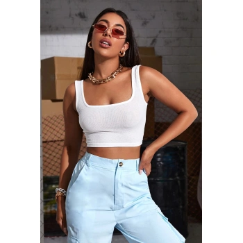 Kadın Beyaz Kalın Askılı Crop Top Büstiyer