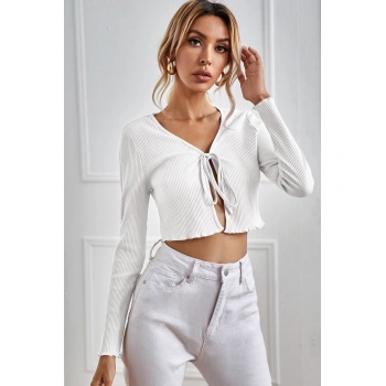 Kadın Beyaz Uzun Kollu Önden Bağlama Detaylı Crop Top Bluz