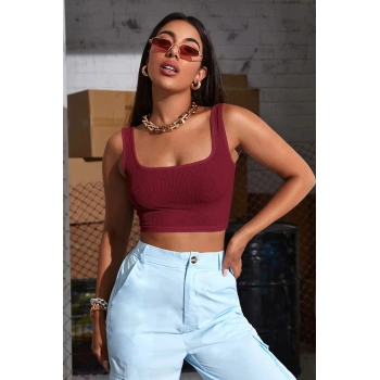 Kadın Bordo Kalın Askılı Crop Top Büstiyer
