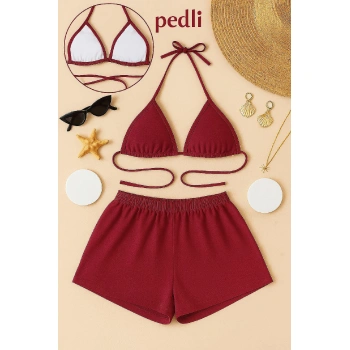 Kadın Bordo Şortlu Belden Ve Boyundan Bağlamalı Bikini Takımı