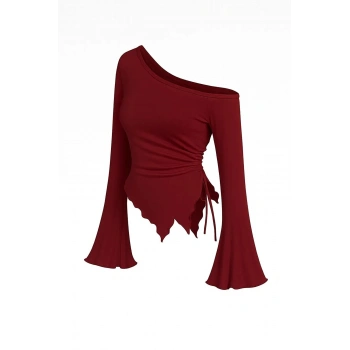 Kadın Bordo Uzun İspanyol Kollu Asimetirik Yaka Yandan Bağlamalı Drapeli Bluz