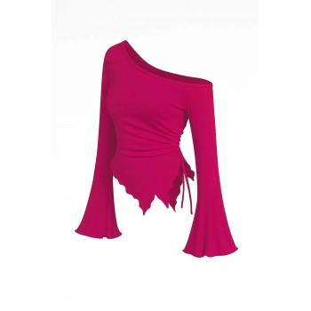 Kadın Fuşya Uzun İspanyol Kollu Asimetirik Yaka Yandan Bağlamalı Drapeli Bluz