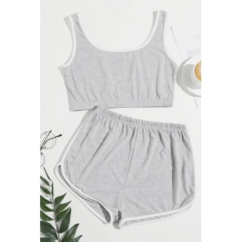 Kadın Gri Askılı Crop Top Ve Şortlu Gecelik Takım