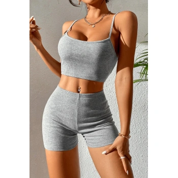 Kadın Gri Melanj Şortlu Kaşkorse Gecelik Takım