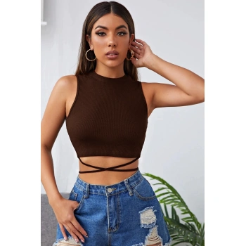 Kadın Kahverengi Çapraz Bağlamalı Crop Top Büstiyer