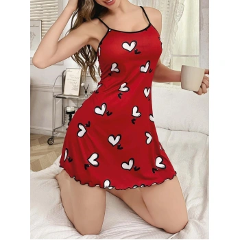 Kadın Kırmızı Beyaz Kalp Desenli Askılı Elbise 5063