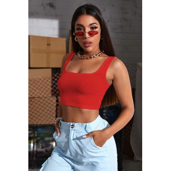 Kadın Kırmızı Kalın Askılı Crop Top Büstiyer