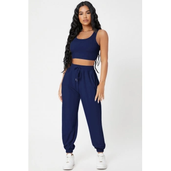 Kadın Lacivert Kaşkorse Cepli Jogger Eşofman Altı Ve Crop Top Bluz