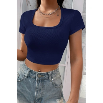 Kadın Lacivert Yarım Kol Düz Yaka Crop Top Bluz