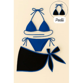 Kadın Mavi Pareolu Yandan Ve Boyundan Bağlamalı 3lü Bikini Takımı