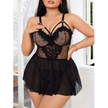 Kadın Nakışlı Siyah Gotik İp Askılı Büyük Beden Tüllü Transparan Fantezi Gecelik 8007