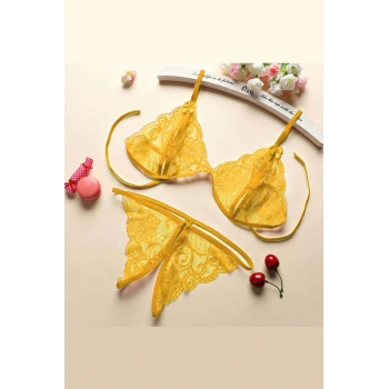 Kadın Sarı Dantelli Sütyen Külot Takımı