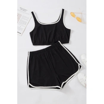 Kadın Siyah Askılı Crop Top Ve Şortlu Gecelik Takım