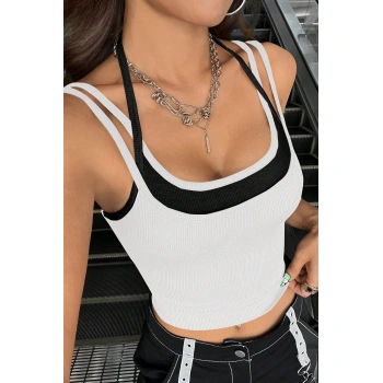 Kadın Siyah Beyaz Çift Renk Çapraz Askılı Crop Top Bluz