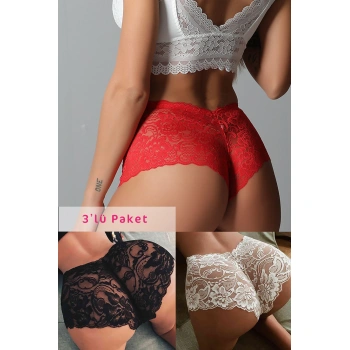 Kadın Siyah Beyaz Kırmızı 3lü Paket Dantel Tanga Şort Külot