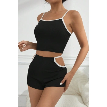 Kadın Siyah Beyaz Şortlu Cut-out Detaylı Gecelik Takımı