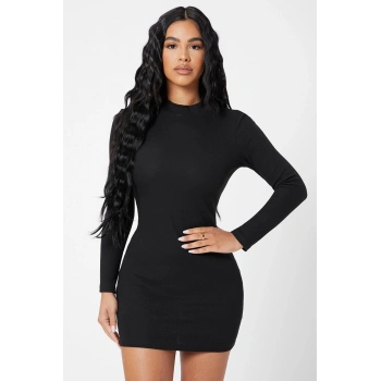Kadın Siyah Kaşkorse Balıkçı Yaka Uzun Kollu Bodycon Mini Elbise