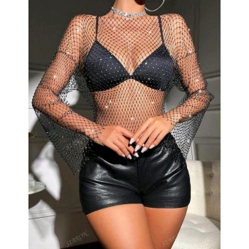 Kadın Siyah Kristal Taşlı File Crop