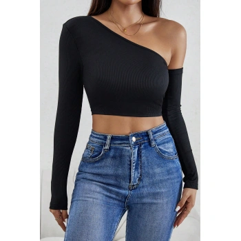 Kadın Siyah Tek Omuz Detaylı Uzun Kol Crop Top Bluz