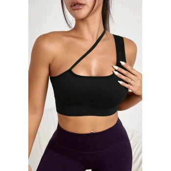 Kadın Siyah Tek Omuzlu Çapraz Askılı Crop Top Büstiyer